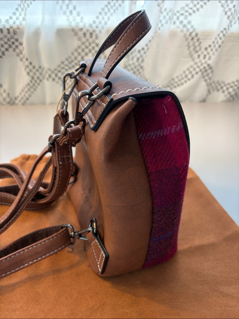 Islander Harrison Tweed Mini Jura Backpack. Brown Leather and Magenta Plaid. - Picture 7 of 10